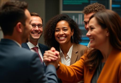 Diverse group of professionals smiling and celebrating hiring success