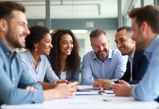 Diverse team collaborating on hiring strategy and feeling confident